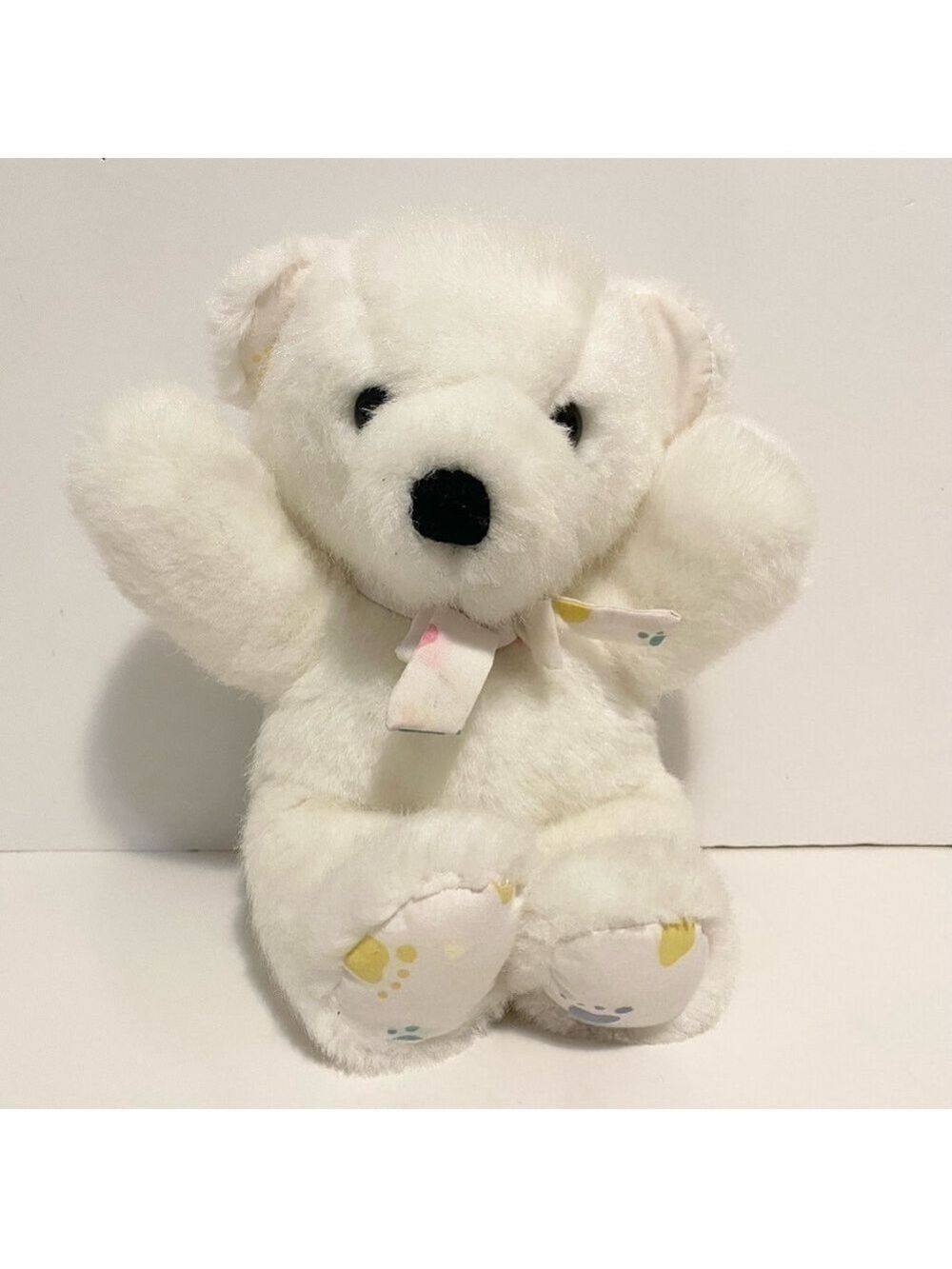 Dakin Cuddles White Teddy Bear Plush Foot Print Feet Bow Vintage 1979 Stuffed